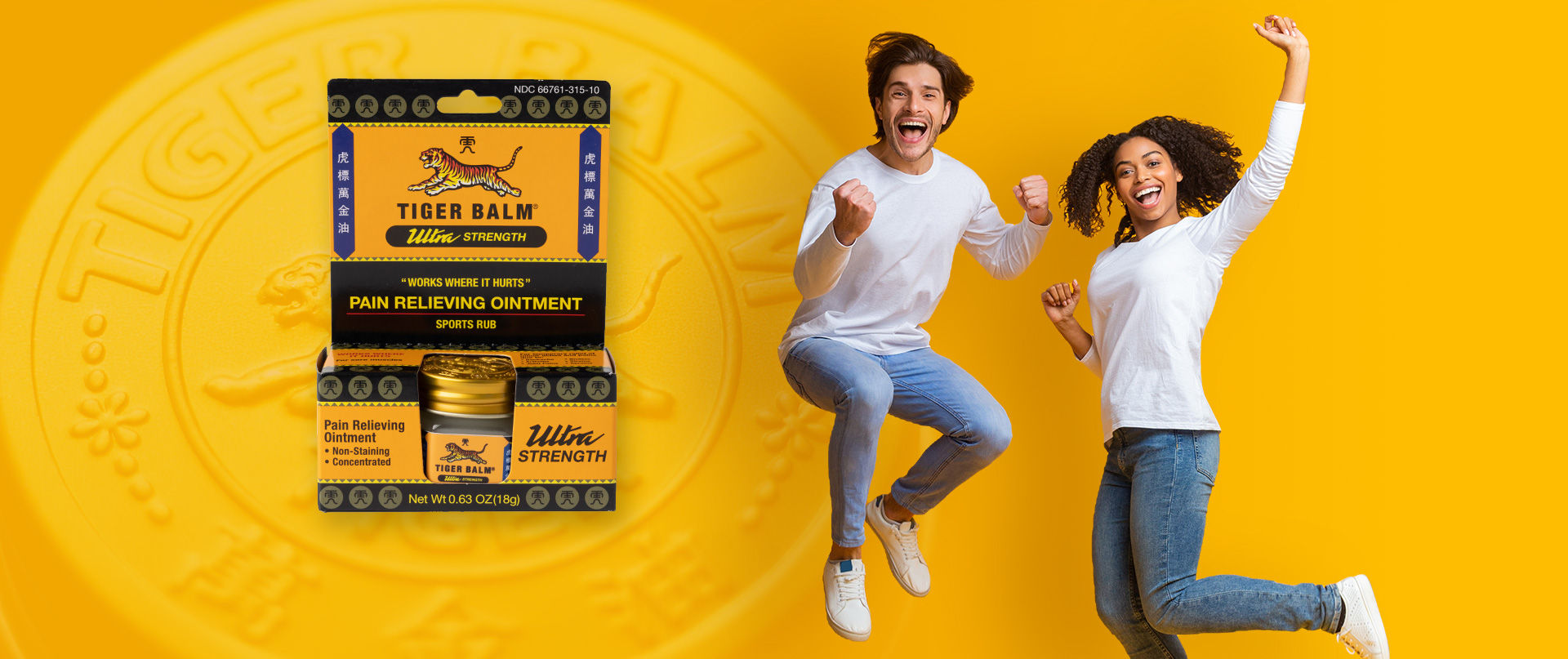 man and woman leaping for joy with Tiger balm ultra strength product on the side